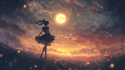 Girl beneath a glowing full moon at ember-tinted dusk