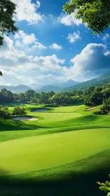 Sunlit championship golf fairway in lush mountain valley