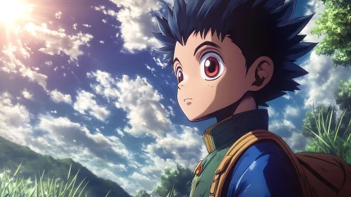 Young explorer studies radiant sky over lush valley.