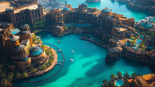 Coastal resort complex encircles a turquoise artificial lagoon