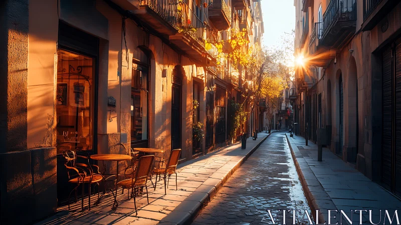 Sunlit European alleyway glows with cozy street café tables.