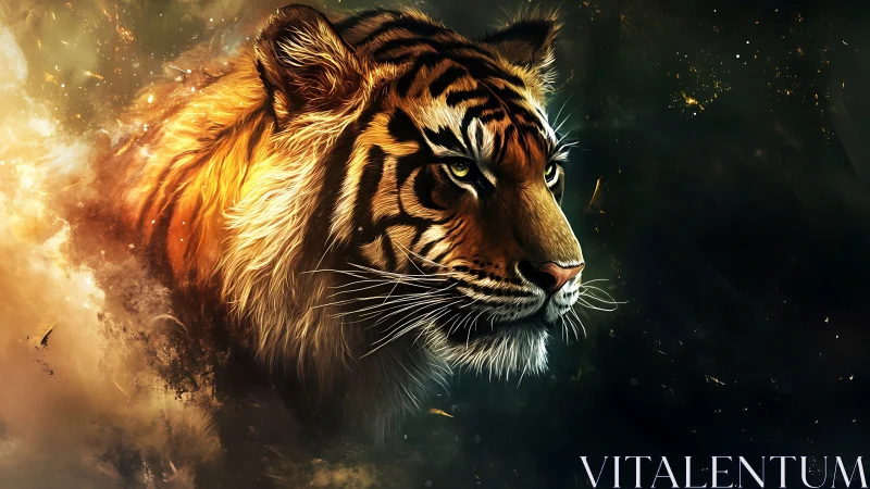 Solar-flared tiger drifting through ember-swept starlight.