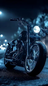Midnight cruiser motorcycle under cinematic blue neon glow.