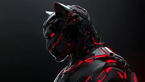 Midnight cybernetic panther warrior in red neon armor.