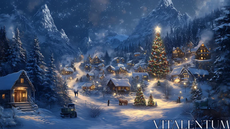 Snowy alpine village with illuminated Christmas tree centerpiece.