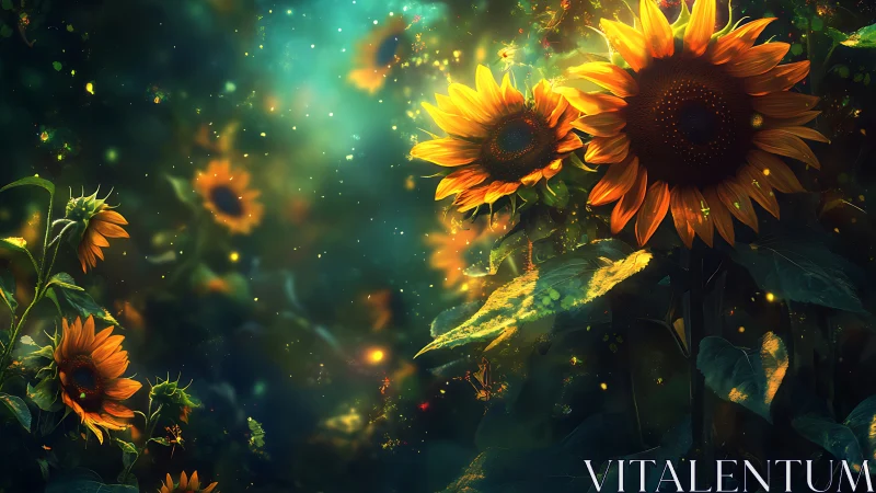 Luminous fantasy sunflowers under glowing night sky.