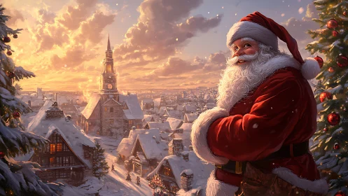 Santa in golden-hour snowy village with festive details.