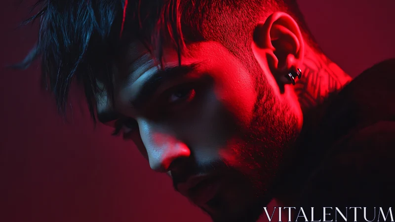 Moody male portrait in red and blue studio lighting.