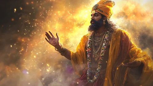 Regal man in golden robes amid glowing light field.