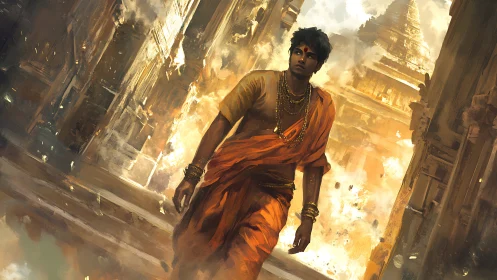 Warrior monk strides through burning temple ruins with resolve