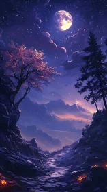 Moonlit mountain valley path under deep indigo night sky