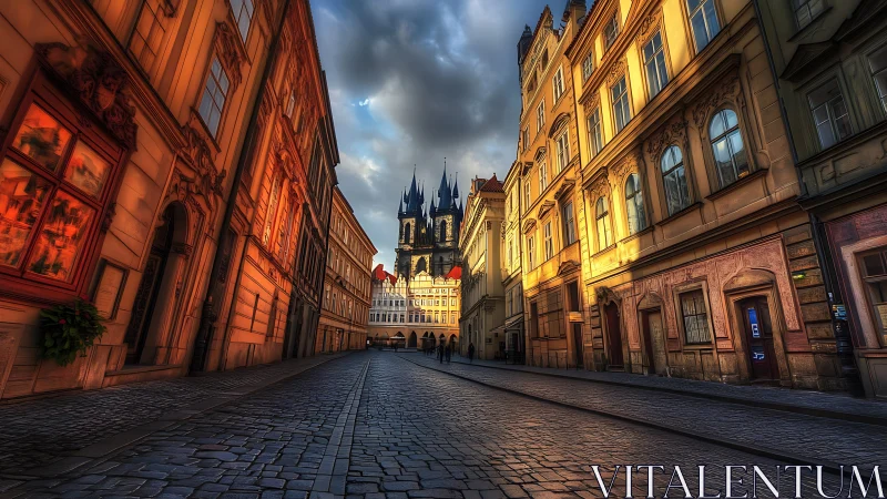 Narrow cobblestone street leads to distant cathedral towers