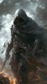 Hooded armored figure walking through smoke and embers.