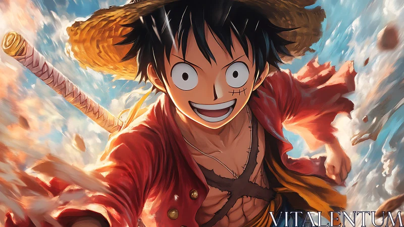 Straw hat pirate character runs forward with dynamic motion
