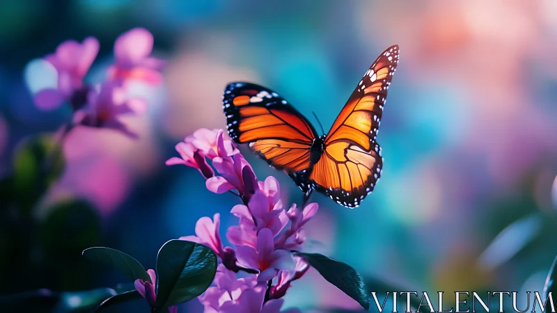 Monarch butterfly rests on pink blossoms in vivid bokeh garden