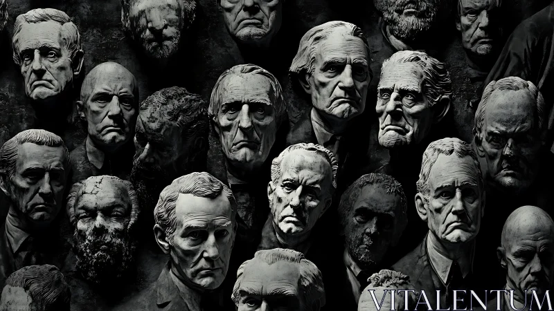 Monochrome relief wall of weathered male busts in dramatic light