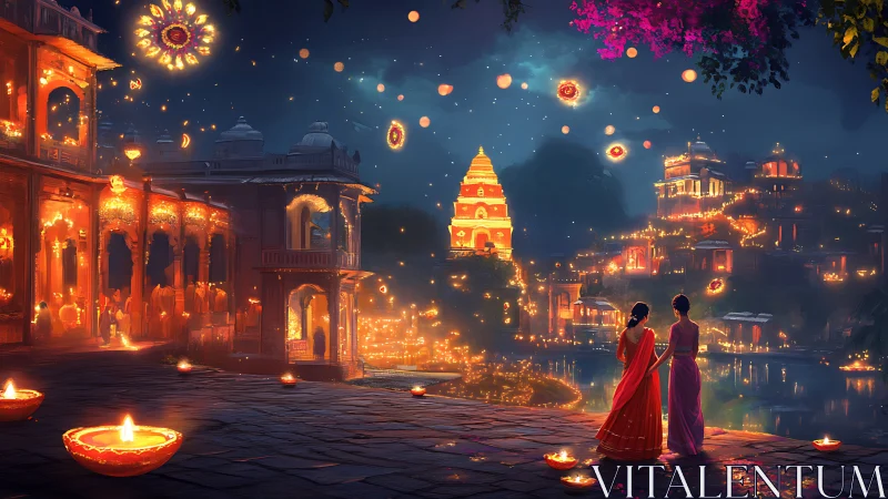 Illuminated riverside temple city glows under layered Diwali lights