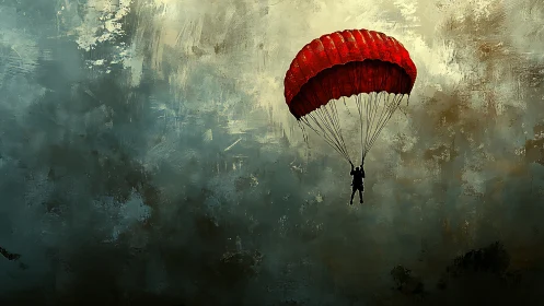 Scarlet parachute drifting through storm-brushed skies.