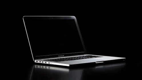 Silver laptop computer on glossy black studio surface.