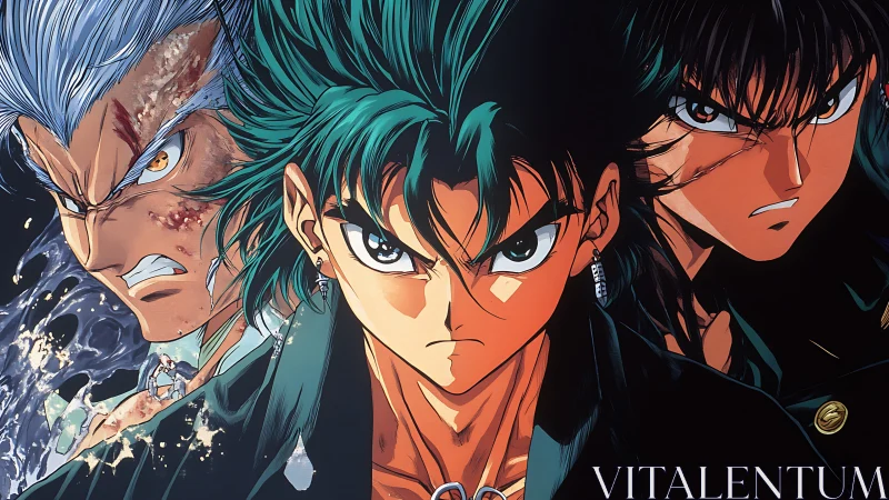 Intense anime trio with determined expressions in close-up.