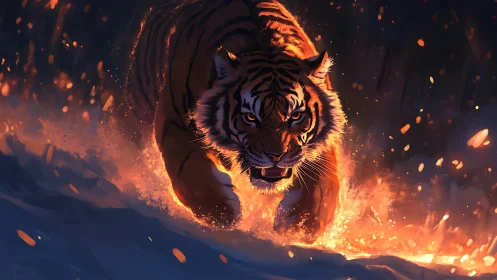 Fiery tiger charges through glowing snow with wild energy.