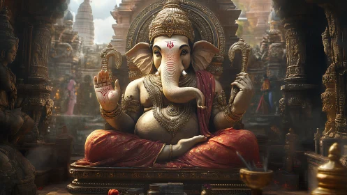 Sacred Ganesha idol radiates calm blessings in ornate temple