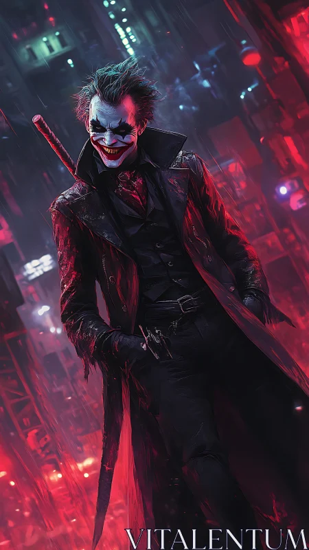 Neon grins and wicked rain in a crimson city delirium.