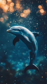 Luminous dolphin gliding through teal bokeh sea glow.