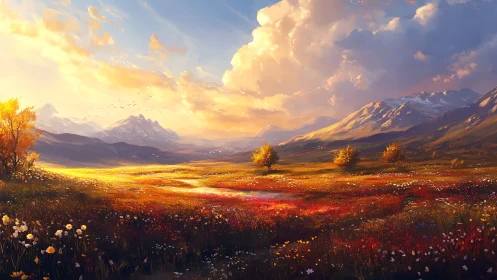 Golden storm of sunset pours over wildflower mountain meadow