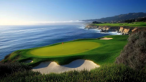 Coastal golf green rests above calm ocean waves and cliffs