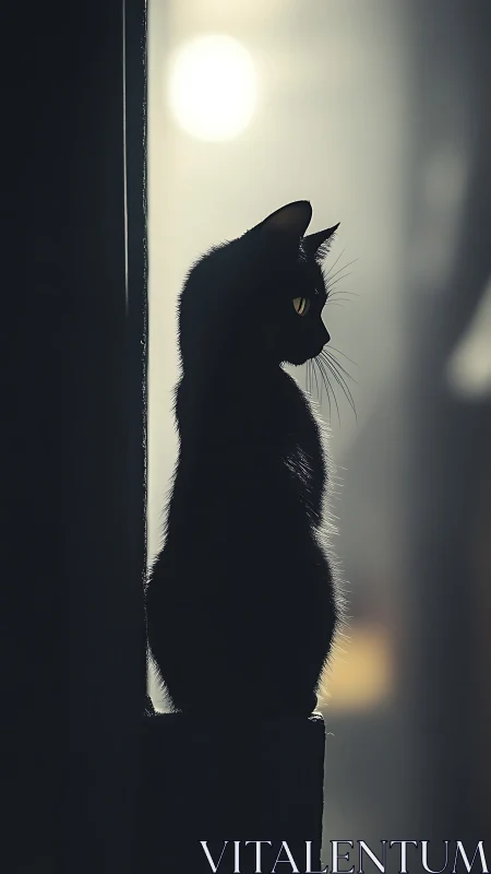 Silhouetted Cat Gazing at the Moonlit Sky.