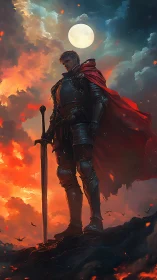 Lone armored knight stands vigilant beneath a blazing moonlit sky