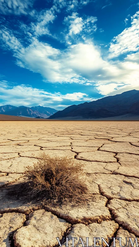 Dry cracked desert plain with lone bush under blue sky.