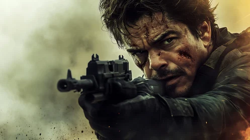Battle-hardened soldier aims rifle amid dense cinematic smoke