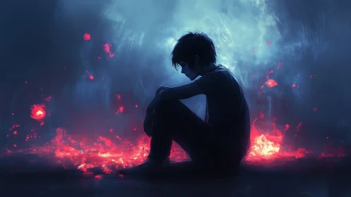 Solitary boy seated in glowing blue and red haze digital art.