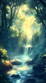 Forest Waterfall: Divine Light Through Ancient Trees.