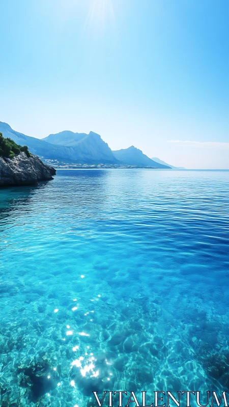 Turquoise coastal sea with distant mountains under clear sky.