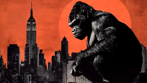 Graphic poster of colossal gorilla over monochrome skyline.