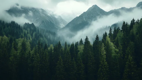 Stratified Alpine Valley Landscape with Atmospheric Fog Inversion and Coniferous Forest Composition