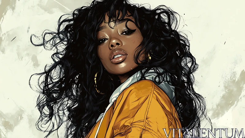Storm-tossed curls crown a confident urban muse in amber.