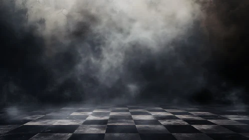 Dark checkered floor extends into dense swirling fog wall