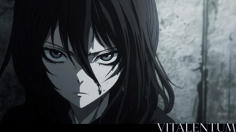 Storm-eyed anime loner holding quiet courage in grayscale.