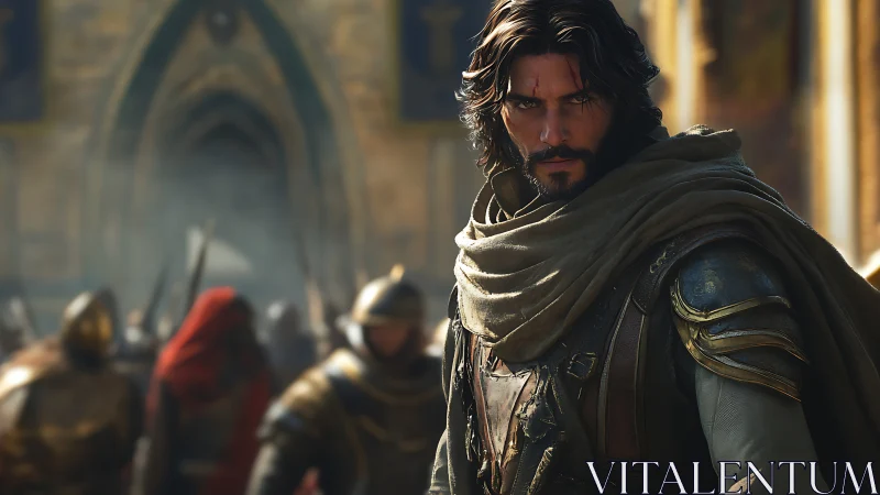 Battle-scarred ranger stands vigilant amid tense medieval siege