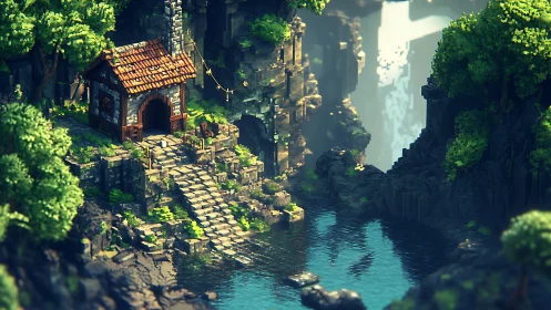 Isometric Fantasy Settlement in Overgrown Canyon.