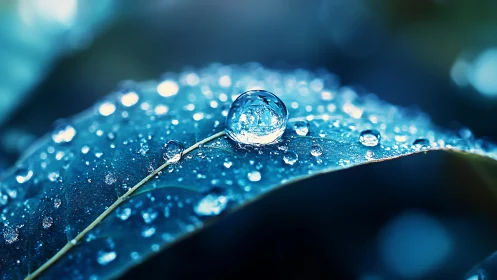 Macro water droplet resting on blue leaf surface at dawn.