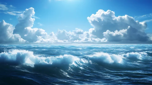 Dynamic ocean wave field under cumulonimbus cloud deck rendered sharply