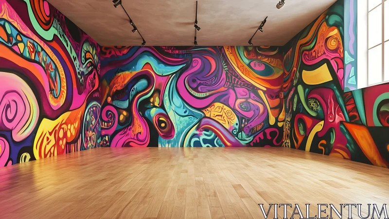 Colorful abstract mural room alive with playful street art.