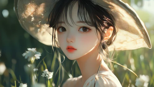 Sunlit garden portrait of dreamy girl in wide straw hat.