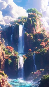 Lush fantasy cliffs with cascading turquoise waterfalls.