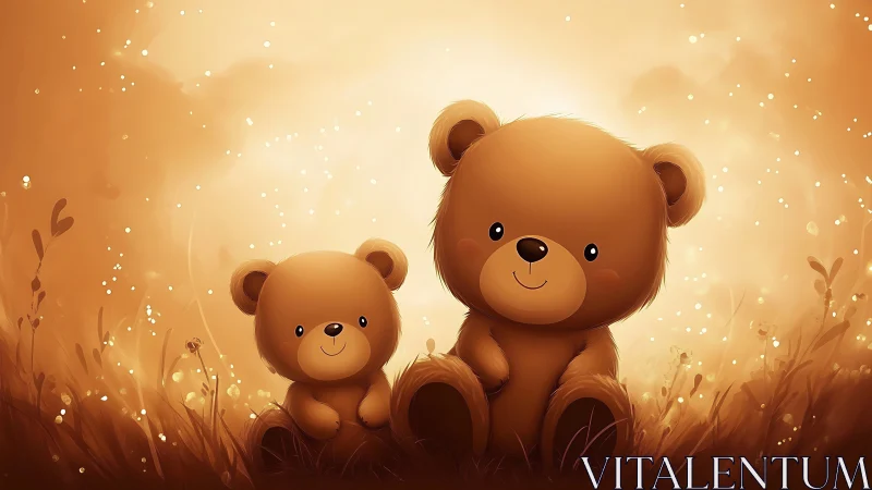 Cartoon teddy bears in soft golden outdoor grass scene.